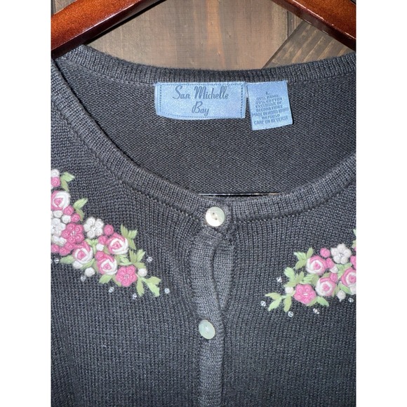 VTG San Michelle Bay Women's Sz Large Black Cardigan Sweater Beaded Flowers - Picture 3 of 4